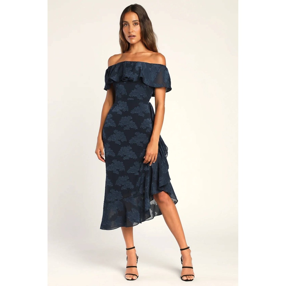 Lulus Pretty Perfect Navy Floral Burnout‎ Off-The-Shoulder Midi Dress Size XS